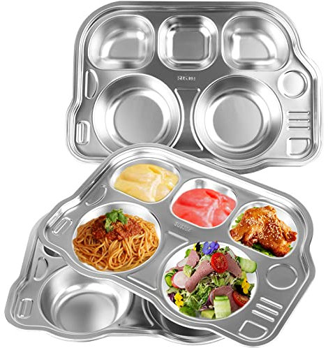 ZEAYEA 3 Pack Stainless Steel Divided Plate, 304 Stainless Divided Platter, 5 Section Car Shape Divided Dinner Tray, Kids Snack Meal Plate for Lunch, Portion Control, Camping, BPA Free