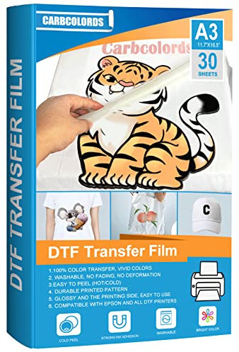 Carbcolords DTF Transferfolie, glänzende, klare Vorbehandlung, Premium-PET-Wärmetransferpapier für DYI Direktdruck auf T-Shirts, Farben, Textilien und alle Stoffe, A3 (29,7 x 41,9 cm), 30 Blatt