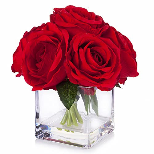 Enova Künstliche Seidenrosen, Kunstblumen, 7 große Stiele in Würfelform, Glasvase mit Kunstwasser, für Zuhause, Büro, Hochzeit, Dekoration (rot)