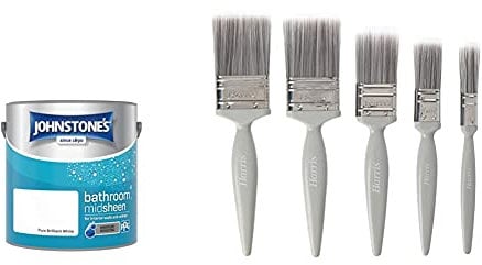 Johnstone's 389464 - Bathroom Paint - Mid Sheen - Moisture Resisting - Low Odour - Pure Brilliant White - 2.5 L & Harris 101011006 Essentials Walls & Ceilings Paint Brush 5 Pack