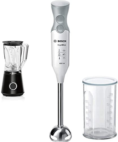 Bosch MMB6141B Standmixer VitaPower Serie 4, 1200 W, 30,000 U/min, 1,5 L Behälter Tritan, Schwarz & MSM66110 ErgoMixx Stabmixer, 600 Watt, 2 Geschwindigkeitsstufen, weiß/grau