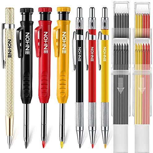 Enhon Tischler Druckbleistifte Set mit Ersatzminen und Karbid Reißnadel, Solider Tieflochmarker Zimmermannsbleistift Markierung Werkzeug mit Eingebautem Anspitzer für Architekt Konstruktion