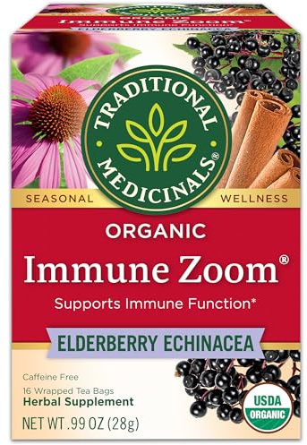 Traditional Medicinals Tea, Organic Immune Zoom Elderberry Echinacea - Supports Immune Function - Kosher, Non-GMO, Caffeine-Free, Compostable - 16 Tea Bags