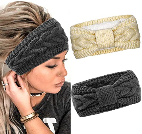 2 Stück Winter Stirnband Damen Strick Ohrenwärmer Haarband Haarreifen Mädchen Geknotet Gestrickt Stirnbänder Verdicken Frauen Haarbänder Häkelarbeit Elastische Plüsch Skifahren (Dunkelgrau + Beige)
