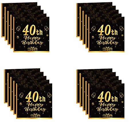 20 PCS Serviettes Papier Decoration Anniversaire 40 Ans,Serviette Papier Noir Gold,Serviettes en Papier Decorees,Serviettes pour Fêtes Joyeux Anniversaire Decoration,Kit Vaisselle Jetable Anniversaire