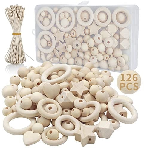 RUBY 126 Stück Holzperlen Makramee Set, DIY Holzringe zum Basteln, Holzkugeln mit Loch Kit Enthält 110 Holzperlen Natur, 15Holzringe Makramee Zubehör