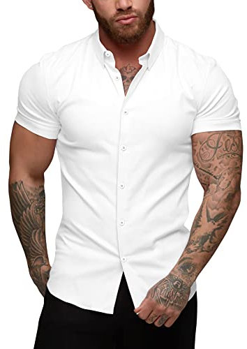 URRU Men's Muscle Dress Shirts Slim Fit Stretch Short Sleeve Casual Button Down Shirts for Men White XL