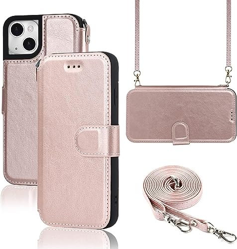 ELTEKER Hülle für iPhone 13 Klapphülle, Handyhülle iPhone 13 mit Umhängeband und Kartenfach, Standfunktion Perfekten Schutz Handytasche Lederhülle, Rosa