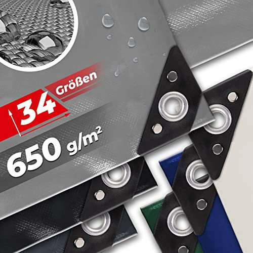 Abdeckplane mit Ösen – 3,99 €/m² - PVC, 650g/m2, wasserdicht, wetterfest, UV Schutz, Größenwahl, Farbwahl - verstärkten Kanten - Gewebeplane, Gartenplane, Schutzplane, Allzweckplane für LKW, Auto