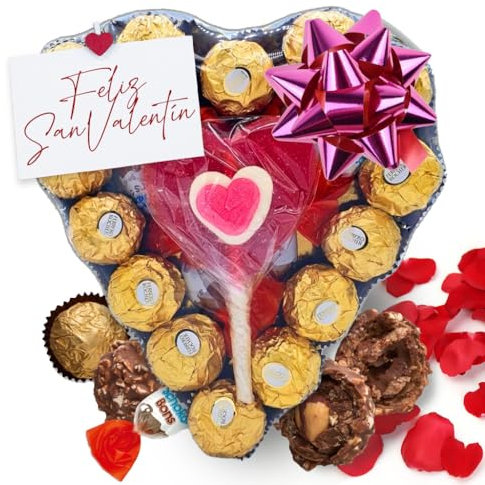 Corazon de Bombones Ferrero Rocher. 25 Unid. Kinder Shochobons y Super Piruleta. Regalo Ideal. [IAMI]