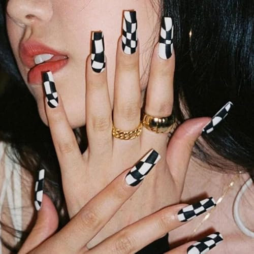 VEBONNY VEBONNY FN-LT024 Faux ongles noirs et blancs en acrylique pour femme Motif cercueil à carreaux mats