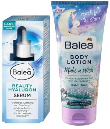 Balea 2er-Set Hautpflege: SERUM BEAUTY HYALURON intensive Feuchtigkeitspflege mit 7-fach Hyaluronsäure (30 ml) + Bodylotion MAKE A WISH verwöhnende Körperlotion mit magischem Duft (200 ml), 230 ml