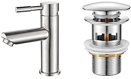 Ibergrif Mundo, Grifo de Lavabo de Acero Inoxidable, Mezclador Monomando, Níquel Pulido & M20502 Click-Clack Desagüe Lavabo Universal con Rebosadero, Válvula Tapon para Bidés, Plata