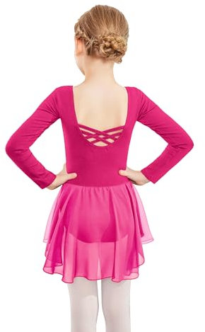 Beyove Ballettkleidung Mädchen Rückenfrei Baumwolle Ballettkleid Balletttrikot Langarm Balletttrikot Tanzkleid Tanzbody Kinder mit Chiffon Rock Tütü Rosered 140