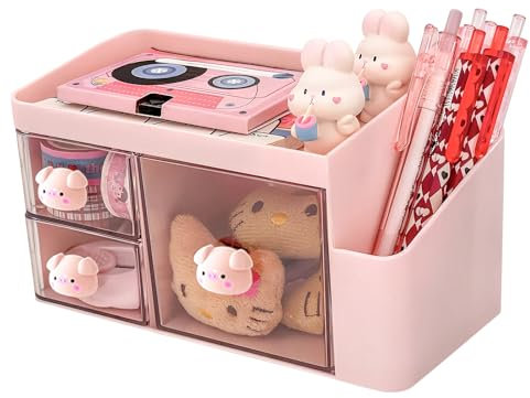 Marte Vanci Desk Organiser with 3 Drawers, Cute Desktop Stationery Organiser, Plastic Makeup Storage Box, Multifunctional Desk Accessories Tidy Caddy for Art Supplies Crafts Pink