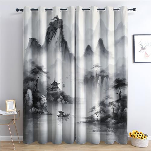 Landschaft Vorhänge, Orientalisch Asiatischer Stil Verdunklungsvorhänge mit Ösen, Vorhang Blickdicht für Wohnzimmer Schlafzimmer Dekoration, Gardinen mit Muster, 2er Set, 245 x 140 cm (HöhexBreite)