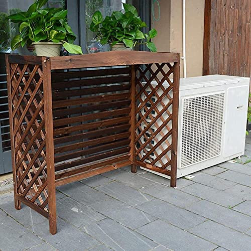 PUdina Wooden Air Conditioner Cover Rustic Air Conditioner Cover Wooden Plant Stand, Outdoor Air Conditioning Rack Frame Radiator Cover, with Blinds Grid Design