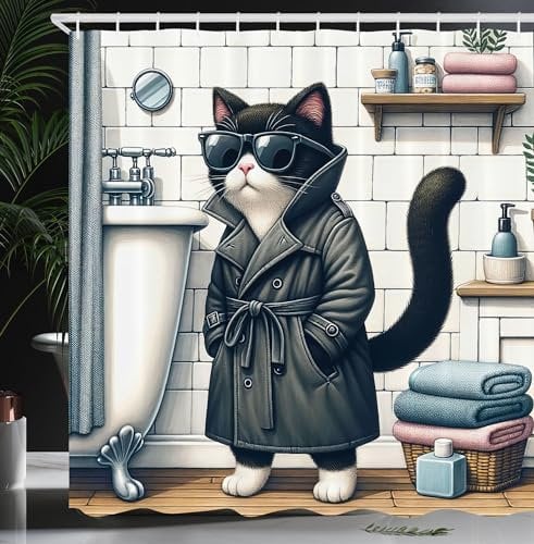 ABAKUHAUS Chat Rideau de Douche, Personnage De Chat Détective Mystérieux dans Une Salle De Bain avec des, Material Resistente al Agua Durable Estampa Digital, 175 cm x 180 cm, Gris Anthracite Blanc