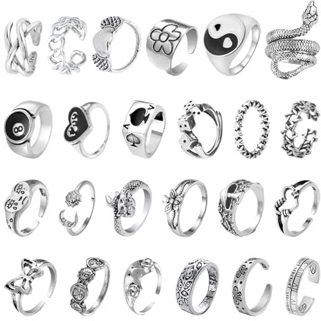 DAZZLUXE 24 Stück Vintage-Ringe, Silberring-Set, Verstellbare Unisex-Ringe, Punk, Gothic, Schlangen und Coole Stapelringe