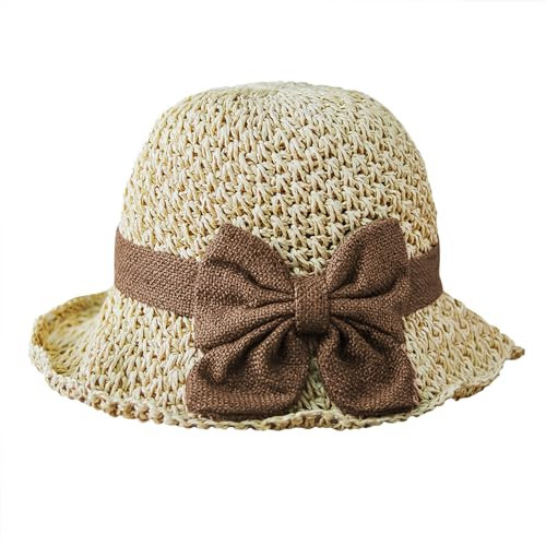 Faxianther Chapeau de Soleil Pliable pour Femme Chapeau de Paille Plage d’Eté Respirant avec Noeud Papillon Taille 56-58 cm