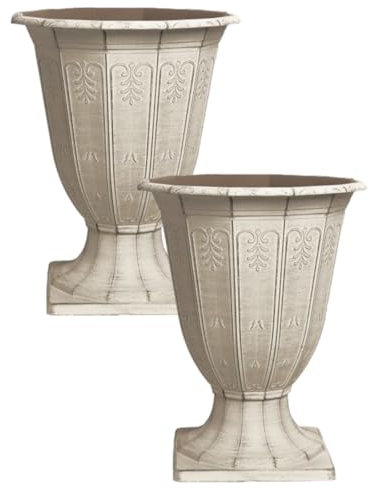 Fyne-Finds Set of 2 Grey Calista Vintage Rust Urn Plastic Planter 32cm, 12inch Flower Display with Classic Aged Design Plant Pot
