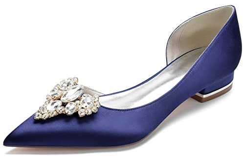 GYYZAYH Sparkly Rhinestone Ballet Pumps Women's Close Toe Satin Flats for Bride Slip on Court Shoes,Navy,3 UK
