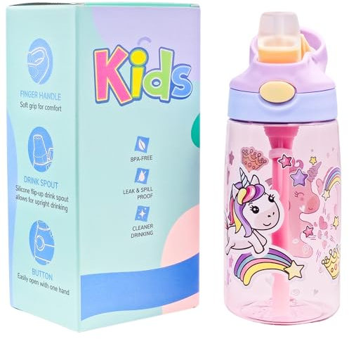 CODiLLO Trinkflasche für Kinder, 480 ml, BPA-frei, Trinkflasche mit Strohhalm, auslaufsichere Trinkflasche, Titran, Kunststoffflasche, Geschenk für Kinder (Rosa)