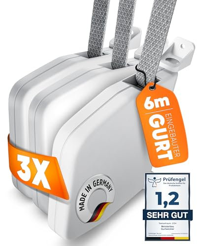 MEISTERBAU - Enrouleur de sangle de volet roulant en saillie 14 mm [Fabriqué en Allemagne] – Lot de 3 – Enrouleur de sangle de volet roulant rabattable avec sangle de volet roulant intégrée de 6 m 14