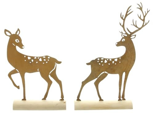 FRANK FLECHTWAREN Metalldeko Hirsch, 2er Set, Echtrostfinish, Holz Maße: 19 x 25 cm, 22 x 32 cm, hochwertig, winterliche Deko, auch als Geschenk