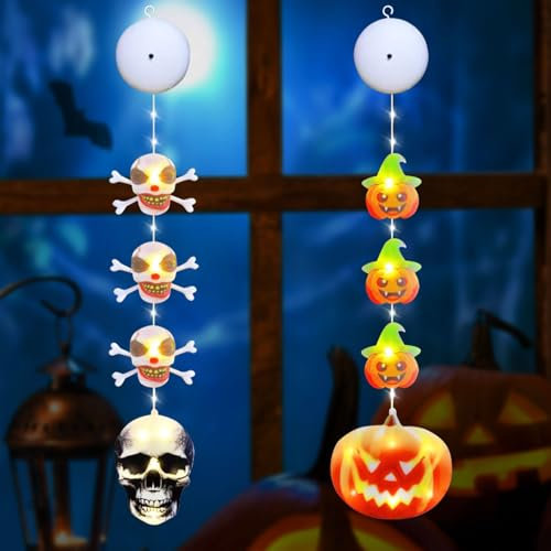 Moocuca Fenster Lichter, 2 Stück Skelett und Kürbis Lichter, Hängende Decorative Fenster Licht, Fensterdeko led Kontinuierliche und blinkende 2 Lichtmodi, Warmweiß Licht