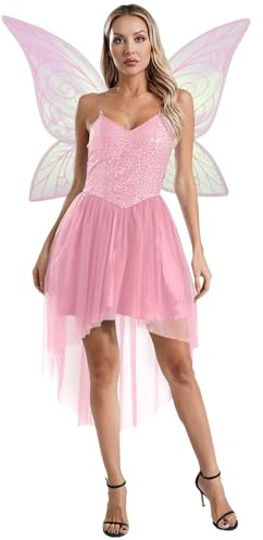 Yruioon Damen Fee Kostüm Pailletten Feenkleid mit Schmetterlings Feenflügel Waldfee Prinzessin Kleid Elfenkostüm Halloween Karneval Fasching Partykleid A Rosa M