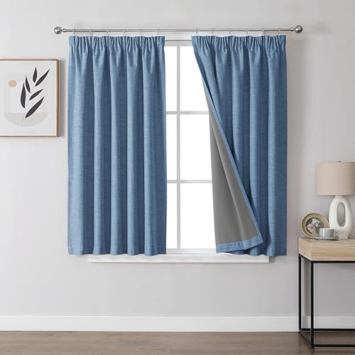 Joydeco 100% Blackout Curtains Bedroom 46 x 54 Inch Drop, Faux Linen Pencil Pleat Thermal Insulated Drapes with Coating Back Layers for Room Darkening Privacy Protection, 2 Panels, Light Blue