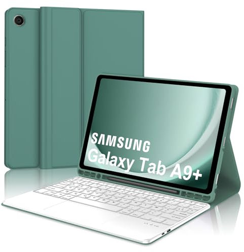 JADEMALL Étui Clavier avec Trackpad pour Samsung Galaxy Tab A9 Plus 11 2023, AZERTY Français Clavier Détachable avec Touchpad pour Galaxy Tab A9+ Plus 11 SM-X210/X215/X218, Vert foncé