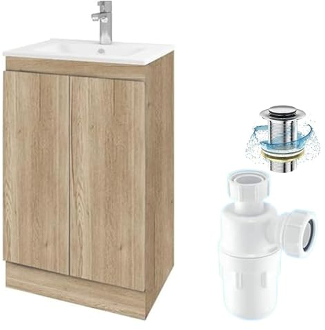 BELOFAY Under Sink Bathroom Cabinet Floor Standing Storage Cupboard Basin Unit, 500mm Vanity Unit Basin, Waste and Trap, Tap not Included (Denvor Wood Grains)