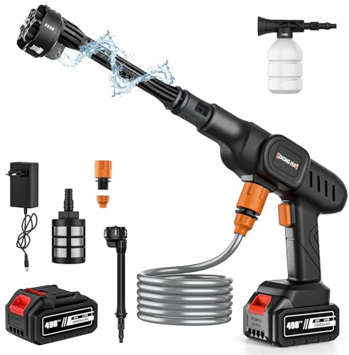 Limpiador de alta presión inalámbrico con 6 en 1 boquilla multiuso, 60 bar, limpiador de alta presión con batería con 2 baterías de 20000 mAh, manguera de 5 m, para jardín de coche (1 batería A)