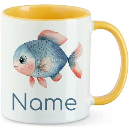 GRAZDesign Personalisierte Kinder Tasse mit Fisch - Gelbe Kaffeebecher mit Namen Keramik 330ml