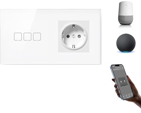BSEEDLIFE Enchufe con Interruptor Inteligente WiFi Empotrado,Smart Interruptor con Enchufe Táctil Pared,3 Gang 1 Vía 86 * 86 mm,Compatible con Alexa y Google Home (Aplicación Tuya/Smart Life),Blanco