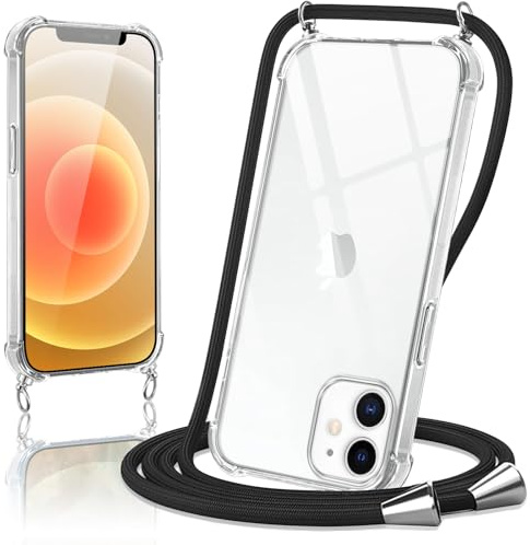Micnkifo Coque pour iPhone 12/12 Pro avec Cordon, Housse Transparent Silicone Anti-Jaunissement Collier Réglable Case, Téléphone Étui Antichoc Portable Lanière Cover pour nan - Noir