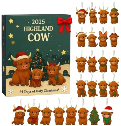 Hochlandrinder Adventskalender 2025 - Hochlandkuh-Adventskalender, Highland Cattle Advent Calendars 2025, 24 Days Christmas Advent Calendars, 24x 2D Acryl Anhänger For Christmas Tree Home Decoration