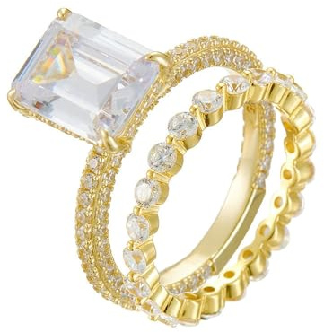 Stfery Trauringe 18 Karat Gold Echt Gold Schmuck Damen, Ringe Set mit Moissanit in Smaragdschliff Au750 Gr.62 (19.7)
