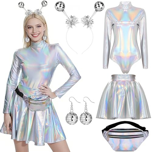 Alien Kostüm Damen Set,Space Girl Kostüm,Body Silber Kostüm Set mit Glitzer Oberteil,Rock, Bauchtasche, Alien Haarreif und Ohrringe,alien Rave Outfit für Halloween Cosplay Maskerade Karneval