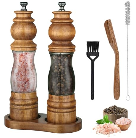 Foyucool Set in Legno Macina Sale e Pepe​ con Vassoio, Macinapepe Manuale​ da 20 cm Regolabile, Nucleo in Ceramica, Acrilico Trasparente