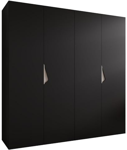 MEBLE KRYSPOL - Kleiderschrank - Garderobenschrank - 200 cm x 202 x 52 cm - Schrank mit Kleiderstange, 4 Türen - für Schlafzimmer, Flur - SANDI, Schwarz, Griff Kaschmir