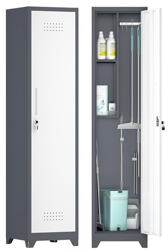GREATMEET Schmaler Metall-Putzschrank mit 1 Tür, Besen- & Geräteschrank für Reinigungsutensilien, Platzsparender Organizer für Garage & Waschküche, Grau-Weiß