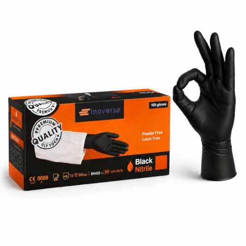 Inoverse Einweghandschuhe M 100 Stück Schwarze, Nitrilhandschuhe Einmal | Puderfrei und latexfrei, lebensmittelecht, Handschuhe Reinigung, für Küche, Friseur und Haushalt, für Lebensmittelzubereitung