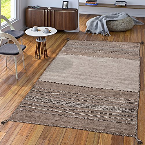TT Home Handwebteppich Wohnzimmer Natur Webteppich Kelim Modern Baumwolle Streifen Beige, Größe:80x150 cm