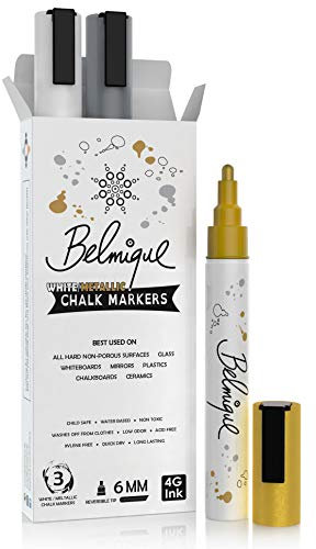Belmique Kreidestifte 6MM Gold, Silber & Weiß - Trocken Abwischbare Kreidemarker 3er Set. Kräftige Farben für Tafel, Fenster, Whiteboard, Weihnachten | Rund- & Schrägkeilspitze
