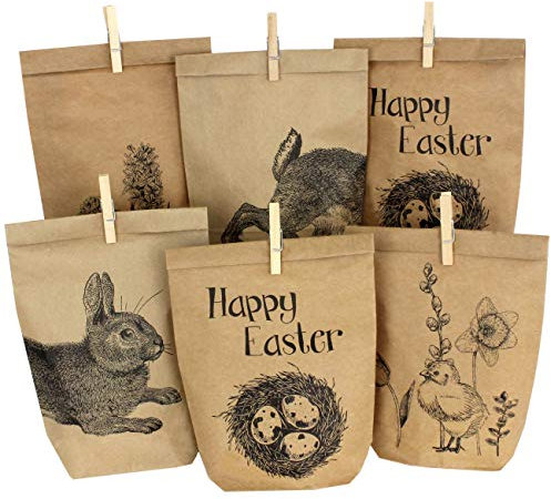 Papierdrachen 12 Ostertüten mit Hasen, Blumen und Küken - ideale Geschenkidee oder Oster Dekoration - Bedruckte Tüten mit Holzklammern | Osternest zum Basteln und Verschenken