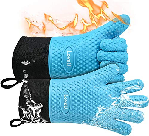 Loveuing Gants de Cuisine Silicone et Coton Double Couche Gants de BBQ résistants à la Chaleur/Gants de Cuisson/Gants de Four/Porte-casseroles de Cuisson, 1 Paire (Bleu, Allongé, Taille Unique)