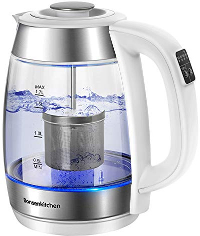 Bonsenkitchen Hervidor de Agua Eléctrico, Hervidor de Cristal con Control de Temperatura, Tetera con Sistema de Protección Contra Quemaduras en Seco, Libre de BPA (1.7L/2200W)